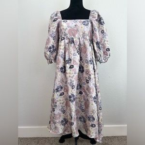 Storia Floral Puff Sleeve Midi Dress - Pink and Purple